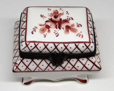 LIMOGES FRANCE BOX- PARRY-VIEILLE -VINTAGE BROWN FLORAL CHEST- LATTICE & SCROLLS