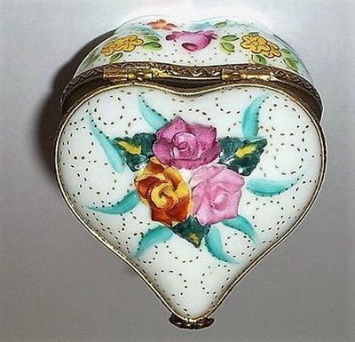 LIMOGES FRANCE BOX ~ HEART & BISQUE FLOWERS ~RIBBONS & ROSES~ ANNIVERSARY ~ MIB