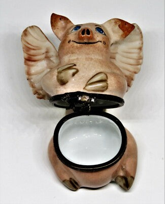 LIMOGES FRANCE BOX - ANGEL PIG - PINK PIG & WINGS - "WHEN PIGS FLY" - FLYING PIG