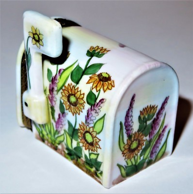 LIMOGES FRANCE BOX -ROCHARD- MAILBOX -SUNFLOWERS & HOLLYHOCKS- LETTER & POSTCARD