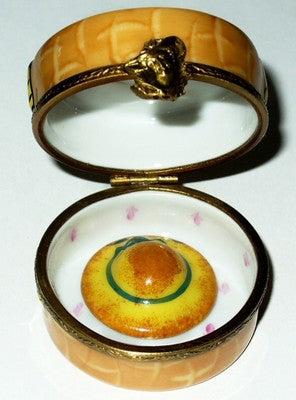 LIMOGES FRANCE BOX ~ROCHARD~ TAN HAT BOX & HAT ~ LADY'S BUST CLASP ~ PEINT MAIN