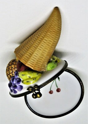 LIMOGES BOX - CHAMART - THANKSGIVING -CORNUCOPIA & FRUITS- WICKER HORN OF PLENTY