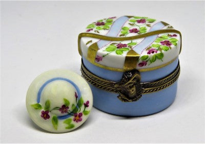 LIMOGES FRANCE BOX - ROMANCE - BLUE HAT BOX & REMOVABLE HAT - PINK FLOWERS - LE
