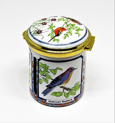 STAFFORDSHIRE ENGLISH ENAMEL STAMP BOX - BIRDS & BERMUDA FLOWERS - BLUEBIRD