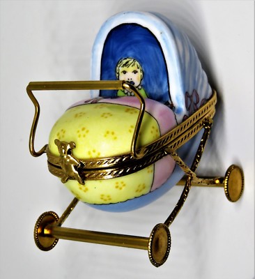 LIMOGES FRANCE BOX - BABY CARRIAGE - BABY & PACIFIER - TEDDY BEAR CLASP - PRAM