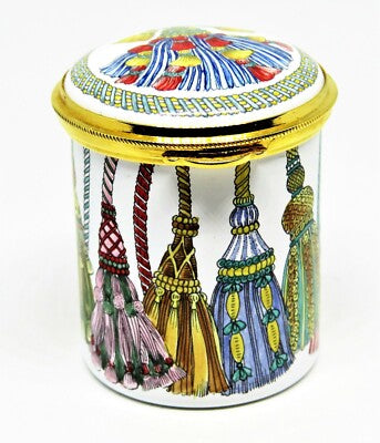 STAFFORDSHIRE ENGLISH ENAMEL STAMP  BOX - COLORFUL BRAIDED TASSELS