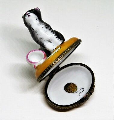 LIMOGES FRANCE BOX - PARRY-VIELLE - TUXEDO CAT & CUP OF SPILT MILK - FELIX - PV