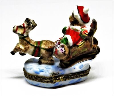 LIMOGES BOX~ CHRISTMAS ~ SANTA CLAUS TEDDY BEAR ~ SLEIGH & REINDEER ~ PEINT MAIN