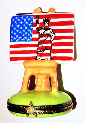 LIMOGES FRANCE BOX - U. S. FLAG & STATUE OF LIBERTY PAINTING &EASEL - JULY 4TH