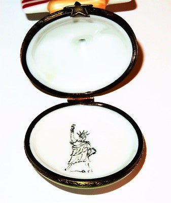 LIMOGES FRANCE BOX - U. S. FLAG & STATUE OF LIBERTY PAINTING &EASEL - JULY 4TH