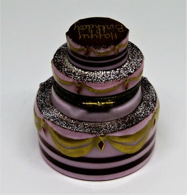 LIMOGES FRANCE BOX - PINK "HAPPY BIRTHDAY" CAKE - CHOCOLATE WTH GOLD SWAGS