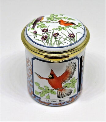 STAFFORDSHIRE ENGLISH ENAMEL STAMP BOX - BIRDS & BERMUDA FLOWERS - BLUEBIRD