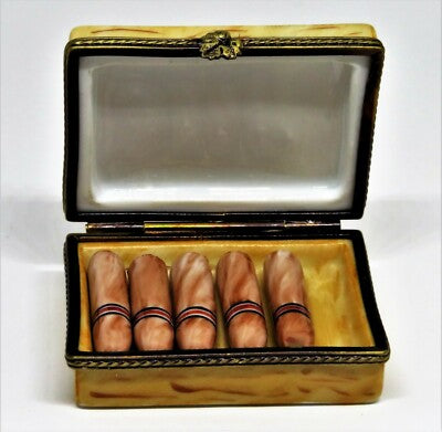 LIMOGES FRANCE BOX - WOODEN CIGAR BOX & 5 CIGARS - FEATHERED HEADDRESS - LE