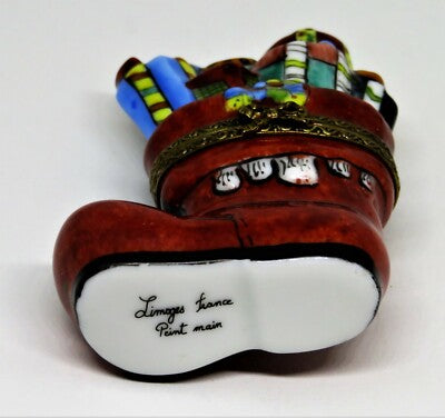 LIMOGES FRANCE BOX- CHRISTMAS - SANTA CLAUS BOOT - HOLLY & PRESENTS & A TOY DRUM