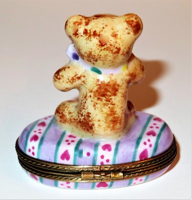 LIMOGES FRANCE BOX- CHAMART - "FIRST TOOTH" TEDDY BEAR -BOW & HEARTS- BABY TEETH