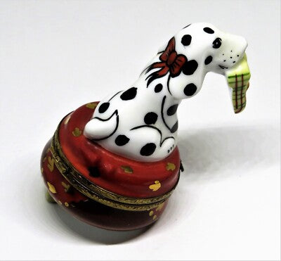LIMOGES FRANCE BOX - LAGLORIETTE - DALMATIAN DOG & PLAID SLIPPERS - PUPPY