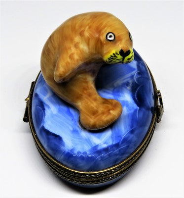 LIMOGES BOX ~ FLORIDA MANATEE & FISH ~ SEA COW ~ MARINE MAMMAL ~ PEINT MAIN