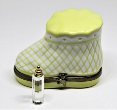 LIMOGES FRANCE BOX ~ YELLOW BABY BOOTEE & REMOVABLE BOTTLE ~ SHOE ~ PEINT MAIN