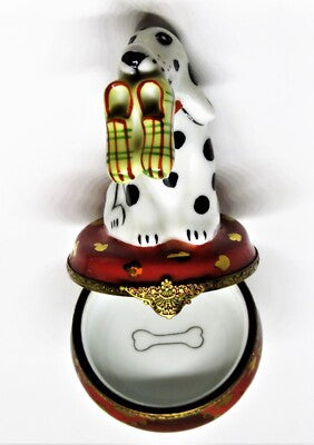 LIMOGES FRANCE BOX - LAGLORIETTE - DALMATIAN DOG & PLAID SLIPPERS - PUPPY