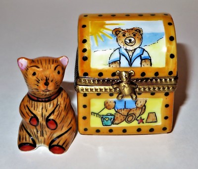 LIMOGES FRANCE BOX - TRUNK & PORCELAIN BEAR - TEDDY BEAR IN THE FOUR SEASONS