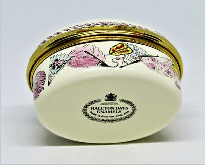 HALCYON DAYS ENGLISH ENAMEL BOX - ASIAN FANS - FLOWERS & FEATHERS - TASSELS