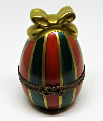 LIMOGES FRANCE BOX- CHRISTMAS -PARRY-VIEILLE- VINTAGE RED & GREEN EGG - GOLD BOW