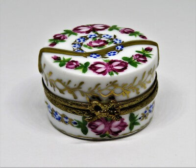 LIMOGES BOX ~ FLORAL HAT BOX & SPRING BONNET ~ FLOWERS ~ PINK ROSES ~ PEINT MAIN