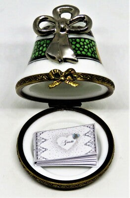 LIMOGES FRANCE BOX- CHAMART - WEDDING BELL & 3D PLATINUM BOW -HEARTS- GUEST BOOK