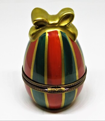 LIMOGES FRANCE BOX- CHRISTMAS -PARRY-VIEILLE- VINTAGE RED & GREEN EGG - GOLD BOW