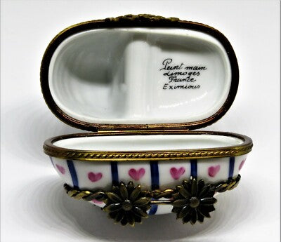 LIMOGES BOX~ BABY IN PINK & BLUE CARRIAGE ~ PRAM ~ BOTTLE INSIDE ~ PEINT MAIN