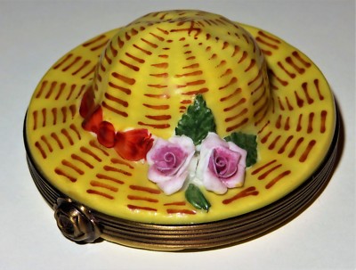 LIMOGES FRANCE BOX ~ROCHARD~ VINTAGE STRAW SUMMER HAT & BISQUE ROSES ~ GARDENING