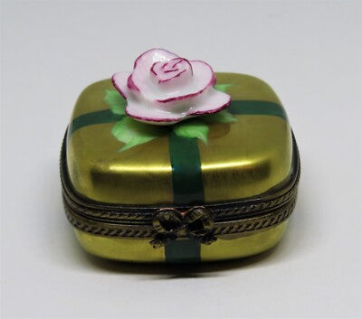 LIMOGES FRANCE - GOLD GIFT BOX & PINK BISQUE ROSE & GREEN RIBBON -ANNIVERSARY