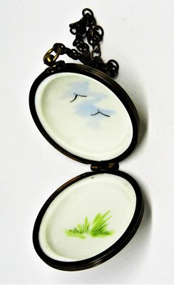 LIMOGES FRANCE BOX- ROCHARD -ANTIQUE POCKET WATCH & CHAIN- RURAL LANDSCAPE SCENE