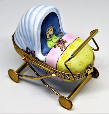 LIMOGES FRANCE BOX - BABY CARRIAGE - BABY & PACIFIER - TEDDY BEAR CLASP - PRAM