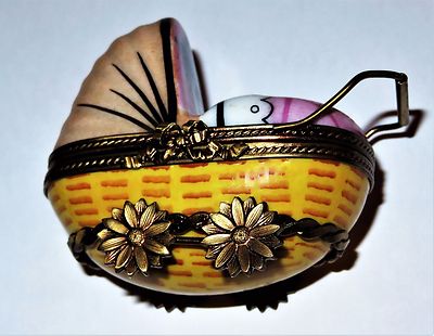 LIMOGES FRANCE BOX- ROCHARD - WICKER BABY CARRIAGE & PINK BLANKET & BOTTLE -GIRL