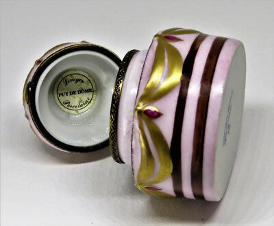 LIMOGES FRANCE BOX - PINK "HAPPY BIRTHDAY" CAKE - CHOCOLATE WTH GOLD SWAGS