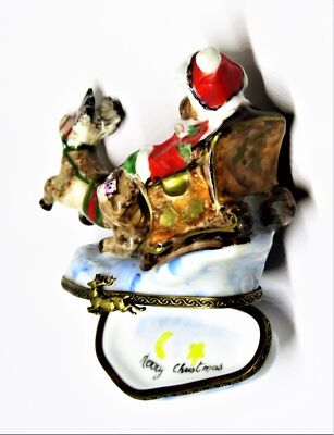 LIMOGES BOX~ CHRISTMAS ~ SANTA CLAUS TEDDY BEAR ~ SLEIGH & REINDEER ~ PEINT MAIN