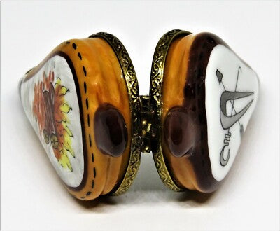 LIMOGES FRANCE BOX ~ CHRISTMAS FIREPLACE BELLOWS ~ TOOLS & BURNING LOGS ~ WINTER