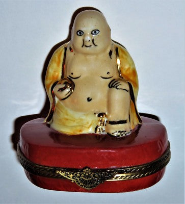 LIMOGES FRANCE BOX - BUDDHA & GOLDEN BALL -LOTUS FLOWER & CHINESE CHARACTERS- LE