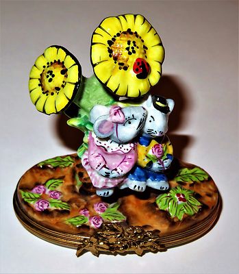 LIMOGES FRANCE BOX - MOUSE COUPLE & SUNFLOWERS - MICE IN LOVE - ANNVERSARY
