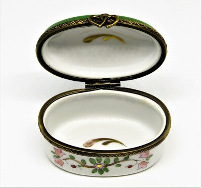 LIMOGES FRANCE BOX - EXIMIOUS -GREEN OVAL FLORAL- HEART & BIRDS & NEST & FLOWERS
