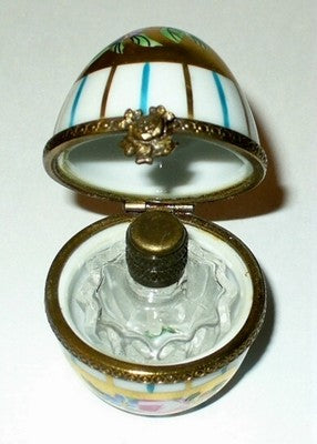 LIMOGES FRANCE BOX ~ FLORAL EGG & PERFUME BOTTLE ~ FLOWERS & STRIPES ~ ROSES