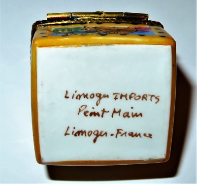 LIMOGES FRANCE BOX - TRUNK & PORCELAIN BEAR - TEDDY BEAR IN THE FOUR SEASONS