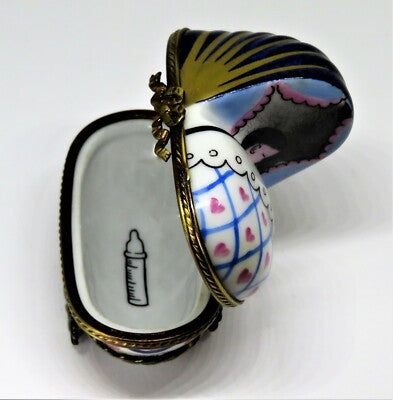 LIMOGES BOX~ BABY IN PINK & BLUE CARRIAGE ~ PRAM ~ BOTTLE INSIDE ~ PEINT MAIN