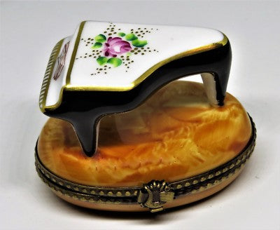 LIMOGES FRANCE BOX ~ PV ~ GRAND PIANO & PINK ROSE ~ LYRE & G-CLEF ~PEINT MAIN