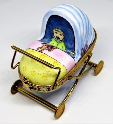 LIMOGES FRANCE BOX - BABY CARRIAGE - BABY & PACIFIER - TEDDY BEAR CLASP - PRAM