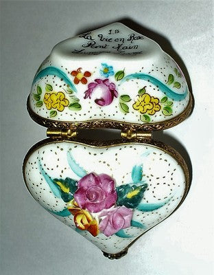 LIMOGES FRANCE BOX ~ HEART & BISQUE FLOWERS ~RIBBONS & ROSES~ ANNIVERSARY ~ MIB