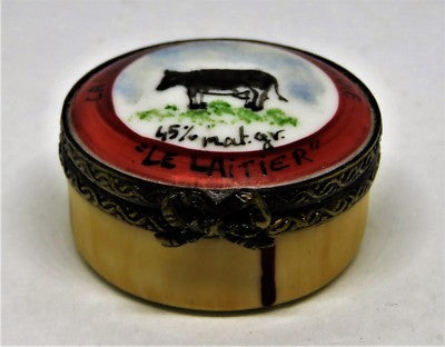 LIMOGES BOX - 'WOODEN' CONTAINER OF CAMEMBERT FROM NORMANDY - COW - WHEEL INSIDE