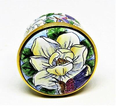 STAFFORDSHIRE ENGLISH ENAMEL BOX - MAGNOLIA FLOWERS & HUMMINGBIRDS - CHARLESTON
