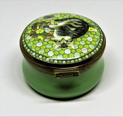 CRUMMLES ENGLISH ENAMEL BOX - KITTEN & FLOWERS & EASTER EGGS - LESLEY ANNE IVORY